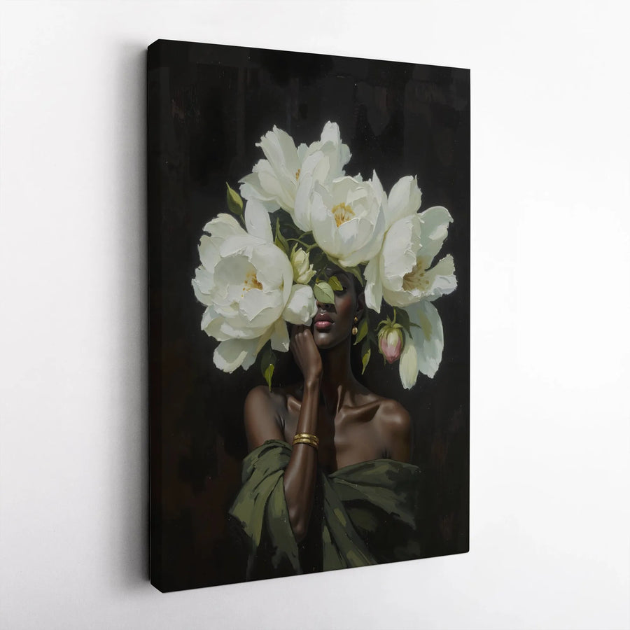 Black Woman Portrait Wall Art | White Peony Floral Crown Painting | Gallery Wrapped Premium Canvas | Elegant Home Decor Gift For Her