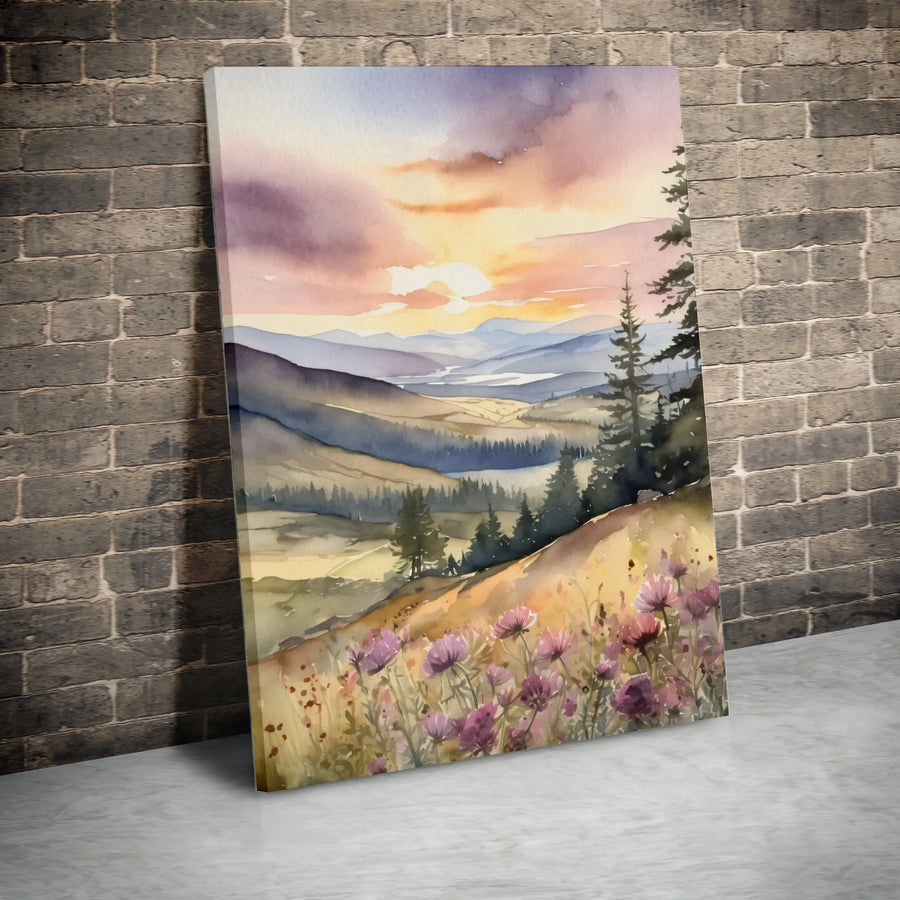 Watercolor Mountain Landscape Canvas | Sunset Wildflower Meadow Wall Art | Gallery Quality 1.25” Deep Frame | Nature Decor Gift for Home