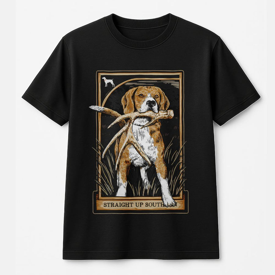 Beagle Shed Hunting T-Shirt | Straight Up South Graphic Design | 100% Cotton Premium Tee | Unique Gift for Outdoorsmen and Dog Lovers