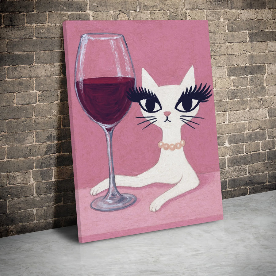 White Cat Canvas Wall Art | Glamorous Kitty With Red Wine Illustration | Gallery Wrap Premium Print | Whimsical Home Decor Gift