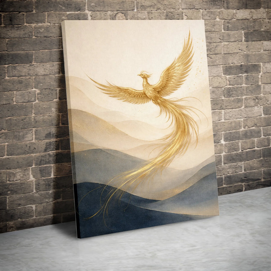 Golden Phoenix Canvas Print | Abstract Mythical Bird Wall Art | Premium Thick Gallery Wrap | Modern Living Room Decor Gift