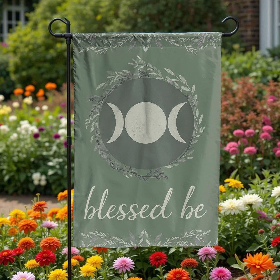 Blessed Be Garden Flag | Triple Moon Wreath Wiccan Decor | Weather-Resistant Polyester | Spiritual Pagan Yard Banner Gift