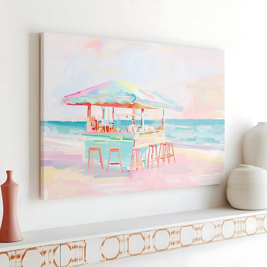 Pastel Beach Bar Canvas Art | Abstract Coastal Seascape Painting | Premium Gallery Wrapped Print | Modern Living Room Decor for Beach House