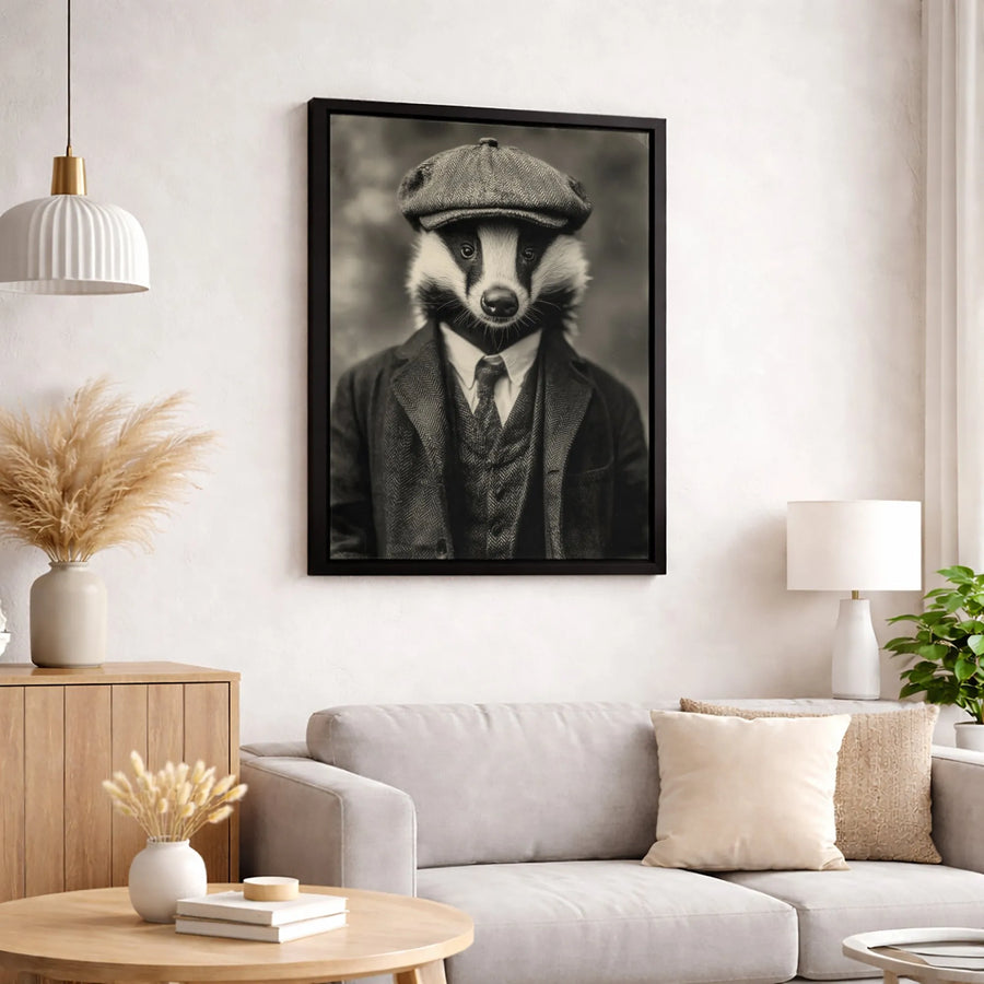 Badger in Tweed Suit Canvas Print | Vintage Gentleman Animal Portrait | Gallery Quality 1.25-inch Profile | Unique Home Office Decor Gift