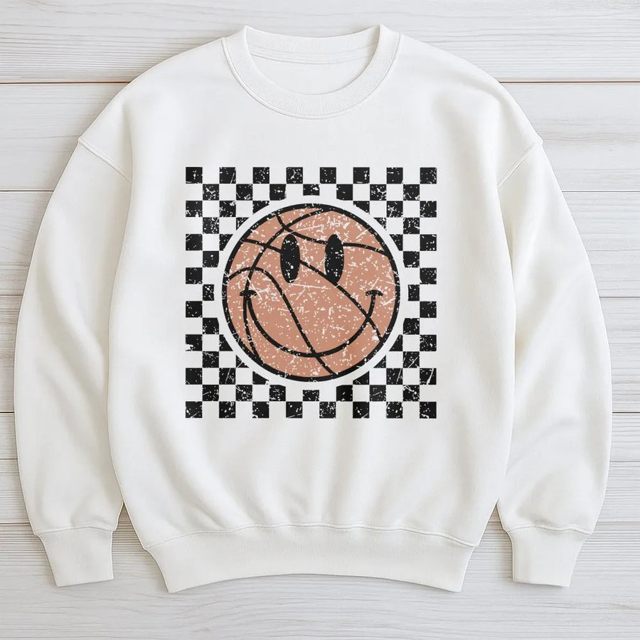 Checkered Basketball Sweatshirt | Retro Smiley Face Game Day Design | Premium Cotton Blend | Unisex Sports Apparel Gift for Basketball Fans