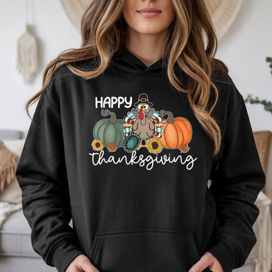 Happy Thanksgiving Hoodie | Cute Turkey and Pumpkin Graphic | Premium Cotton Blend Pullover | Festive Fall Gift for Her
