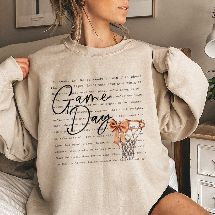 Game Day Basketball Sweatshirt | Coquette Bow Aesthetic Hoop Print | Premium Cotton-Blend Crewneck | Trendy Sport Mom Gift for Basketball Fans