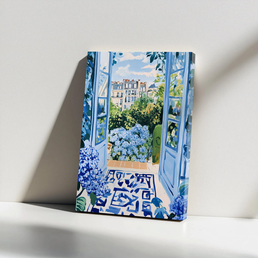 Parisian Balcony Canvas Print | Impressionist Blue Hydrangea View | Premium Gallery Wrap Wall Art | French Country Home Decor Gift
