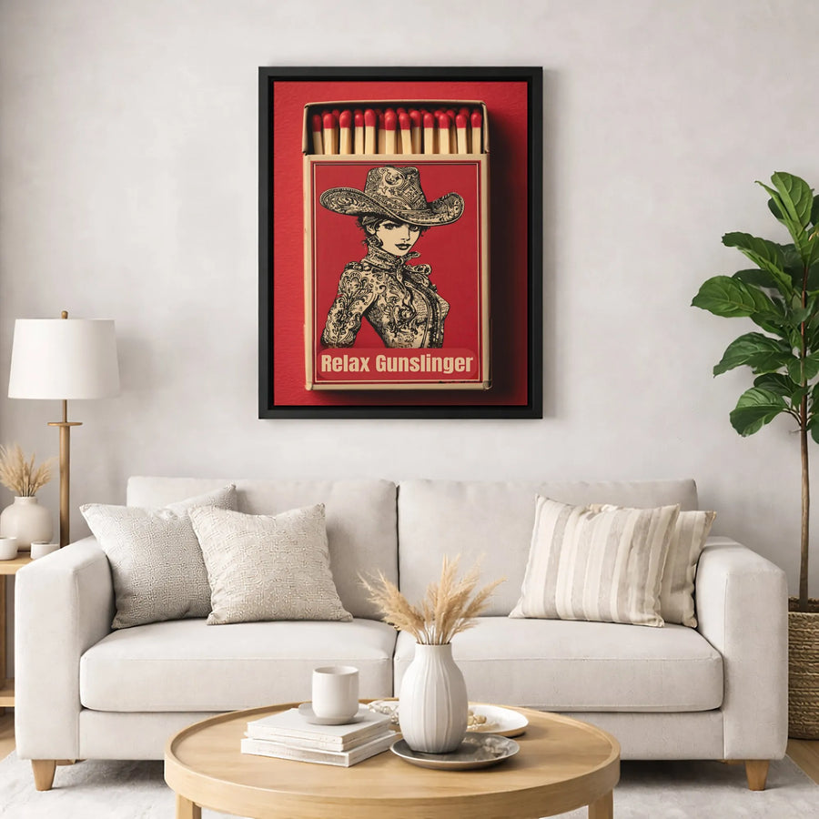 Cowgirl Wall Art Canvas | Vintage Western Matchbox Poster Print | 1.25 Inch Premium Gallery Wrap | Unique Southwestern Home Decor Gift