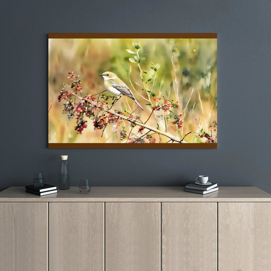 Watercolor Bird Canvas Print | Berry Branch Nature Wall Art | Premium Gallery Wrap Decor | Farmhouse Gift for Bird Watchers