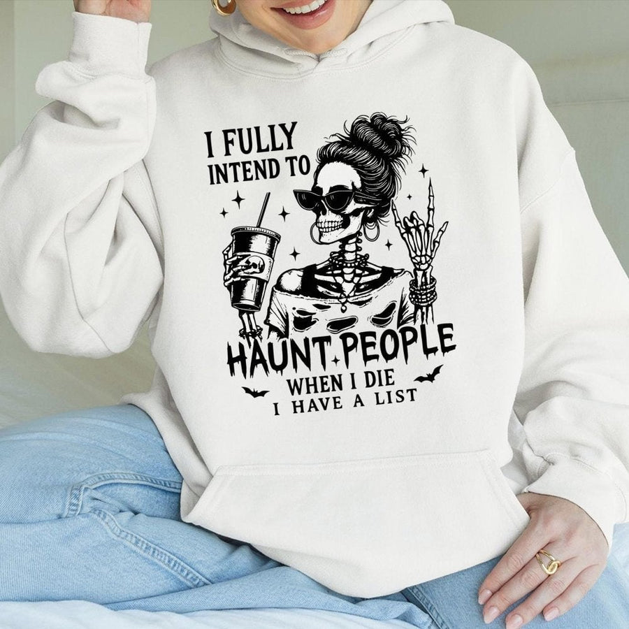 Haunt People Hoodie | Funny Skeleton Coffee Lover Graphic | Cotton Blend Premium Streetwear | Sarcastic Halloween Gift For Her