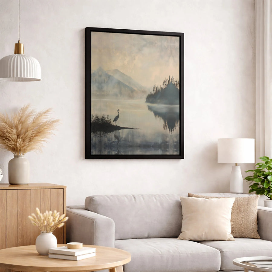 Heron on Misty Lake Canvas Print | Serene Mountain Landscape Wall Art | Gallery Quality Framed or Unframed | Modern Home Decor Gift