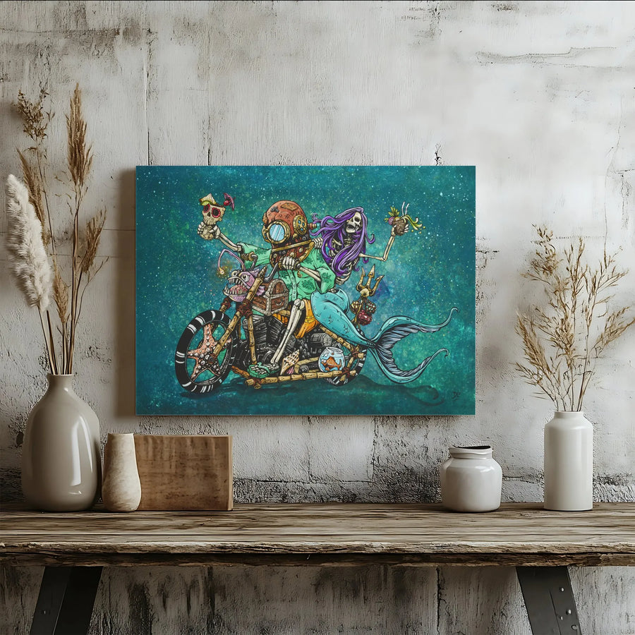 Skeleton Mermaid Canvas Print | Psychedelic Diver and Mermaid on Motorcycle | Premium Fade-Resistant Print | Unique Collector's Wall Decor Gift