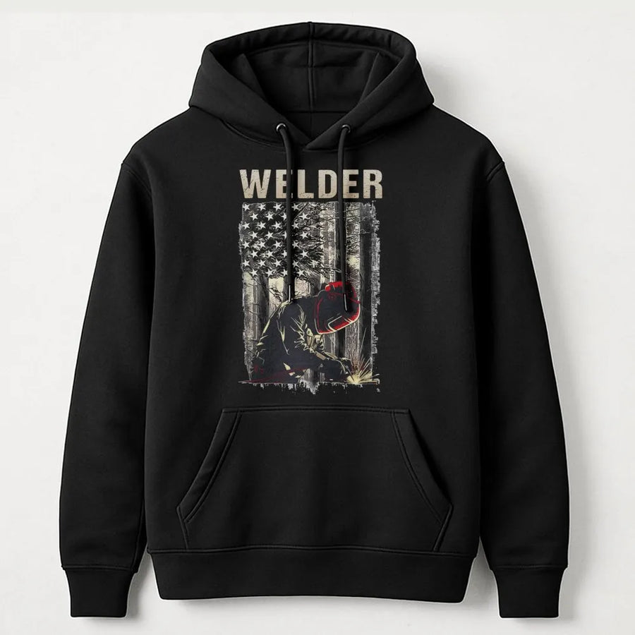 Welder Hoodie | Distressed American Flag Welding Design | Premium Cotton Blend Sweatshirt | Unique Gift for Welder, Metalworker, Ironworker