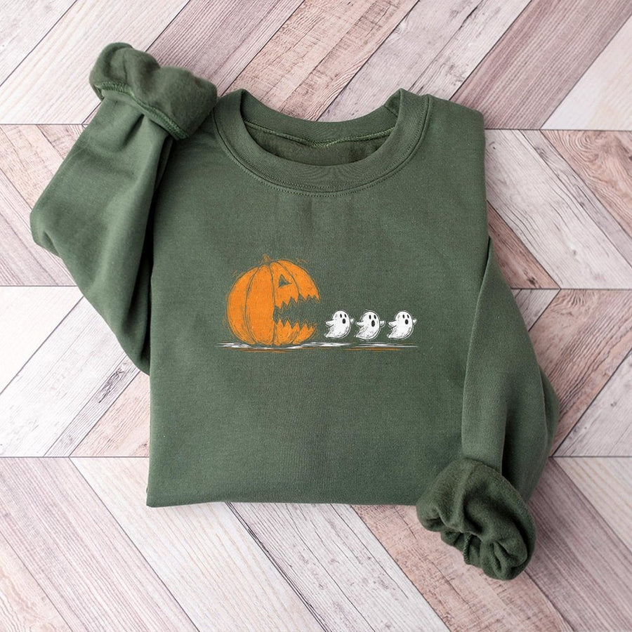 Funny Halloween Pumpkin Ghost Sweatshirt | Retro Video Game Design | Premium Cotton Blend | Spooky Fall Aesthetic Gift for Men and Women