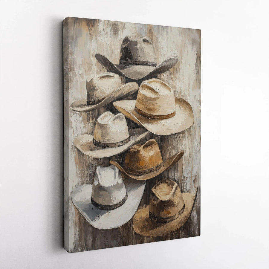 Western Cowboy Hat Canvas Print | Rustic Stacked Hat Wall Art | Premium Gallery Wrapped Decor | Farmhouse Living Room Gift