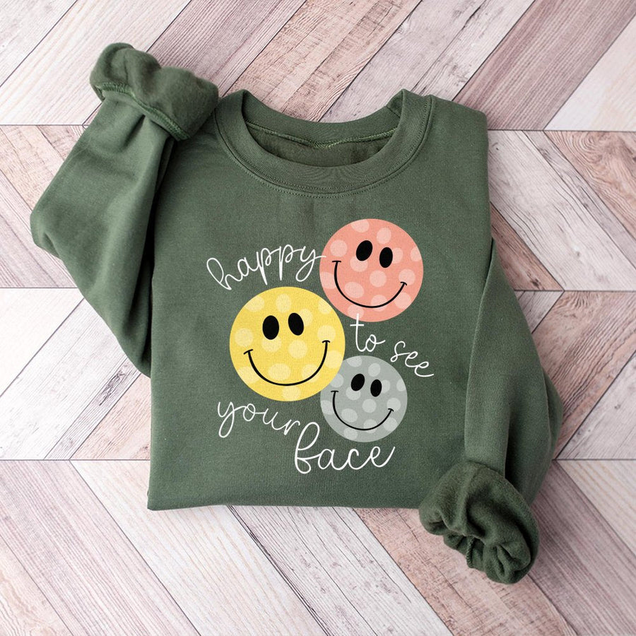 Happy To See Your Face Sweatshirt | Retro Smiley Face Teacher Shirt | Premium Cotton Blend Crewneck | Cute Back To School Gift For Teacher