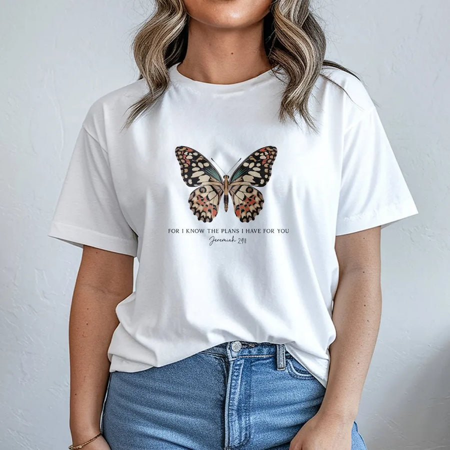 Christian Butterfly T-Shirt | Jeremiah 29:11 Bible Verse Art | Soft Cotton Blend Pullover | Inspirational Faith Based Gift for Women