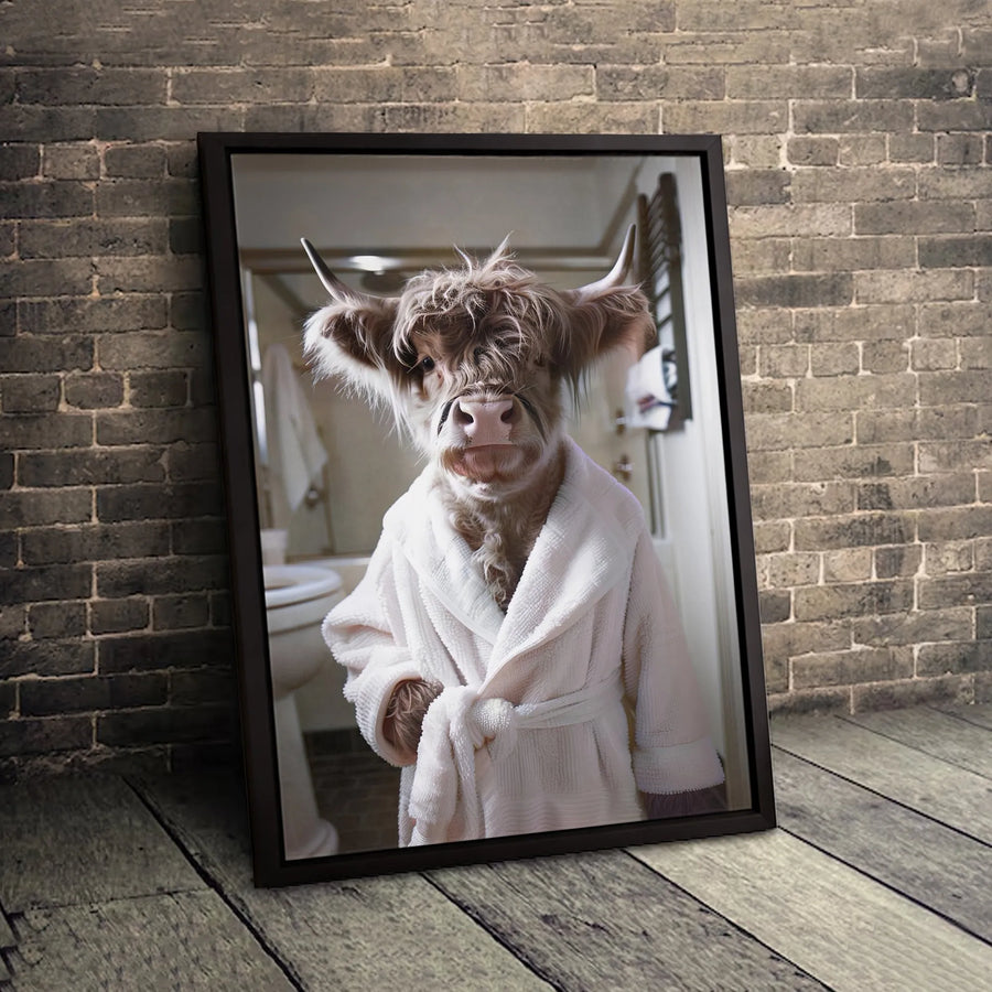 Highland Cow Canvas Wall Art | Funny Animal in Bathrobe | Gallery Quality 1.25 Inch Wrap | Bathroom Decor Print Gift for Farmhouse Lovers