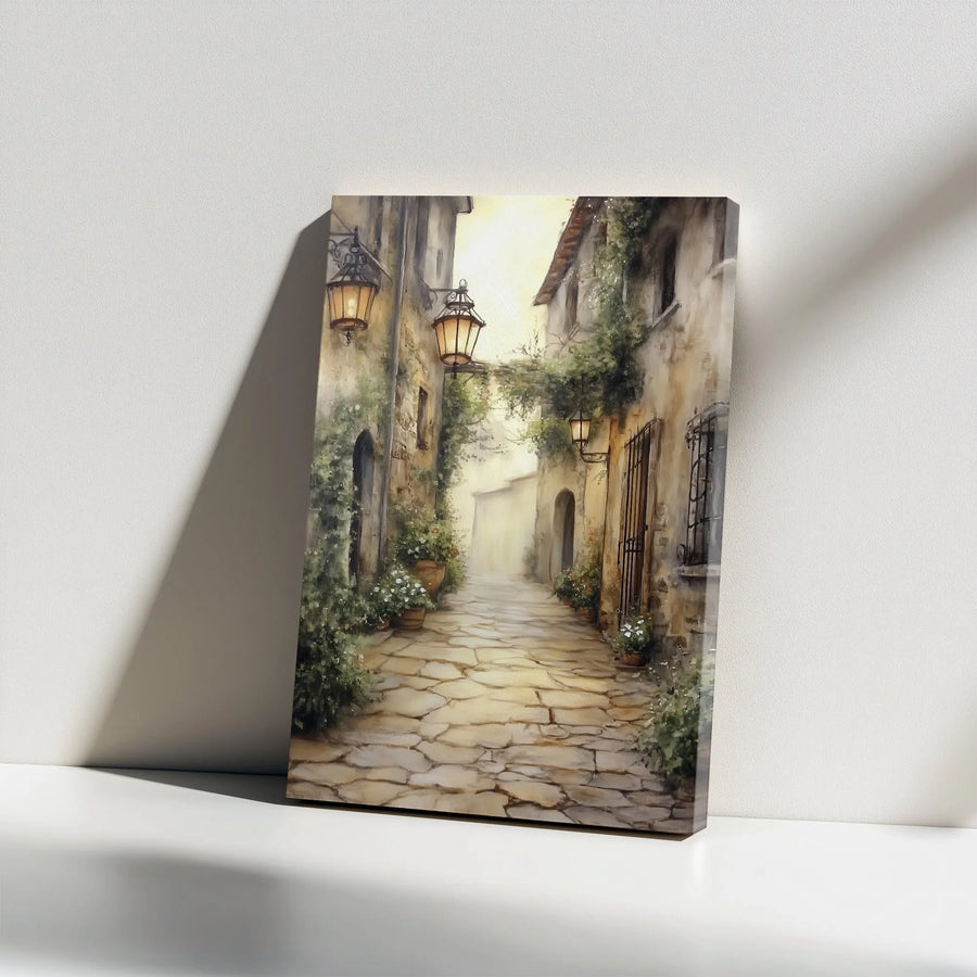 Italian Village Canvas Print | Watercolor European Alley Scene with Lanterns | Premium Gallery Wrapped Wall Art | Tuscan Inspired Home Decor Gift