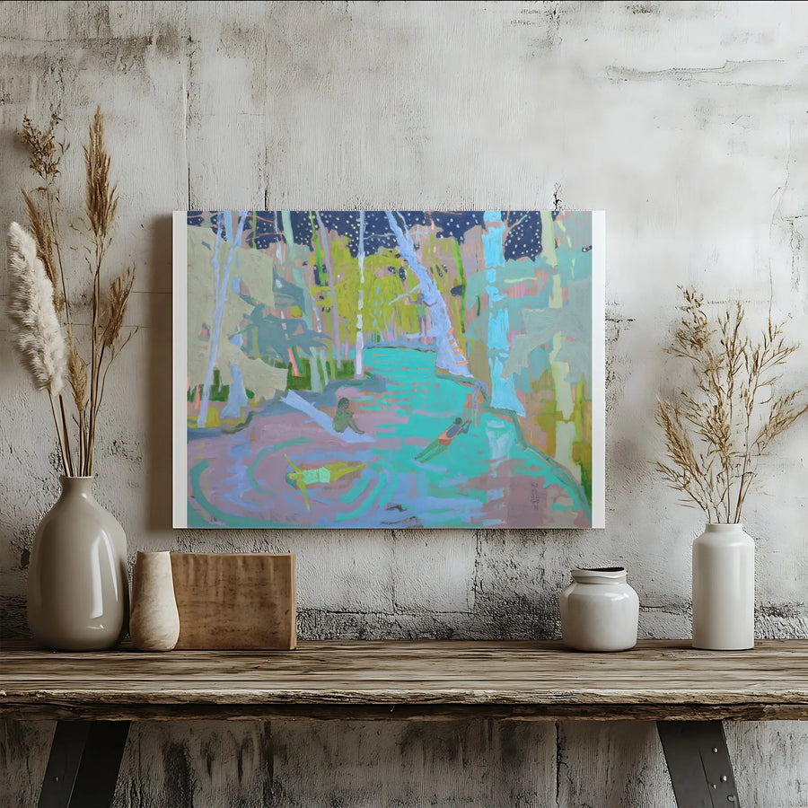 Abstract Night Swim Canvas Print | Expressionist Forest Pool Painting | Premium Gallery Wrapped Canvas | Modern Living Room Wall Decor