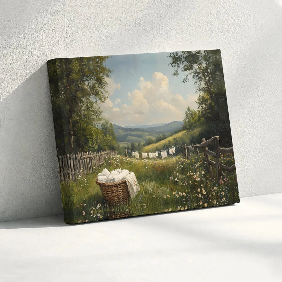 Vintage Countryside Landscape Canvas | Wildflower Meadow Laundry Line Art | Premium Gallery Wrapped Print | Farmhouse Home Wall Decor
