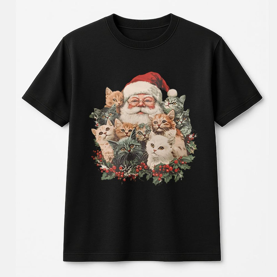 Retro Santa Claus And Kittens T-Shirt | Vintage Style Cat Christmas Graphic | 100% Premium Cotton | Cute Holiday Gift For Cat Lovers