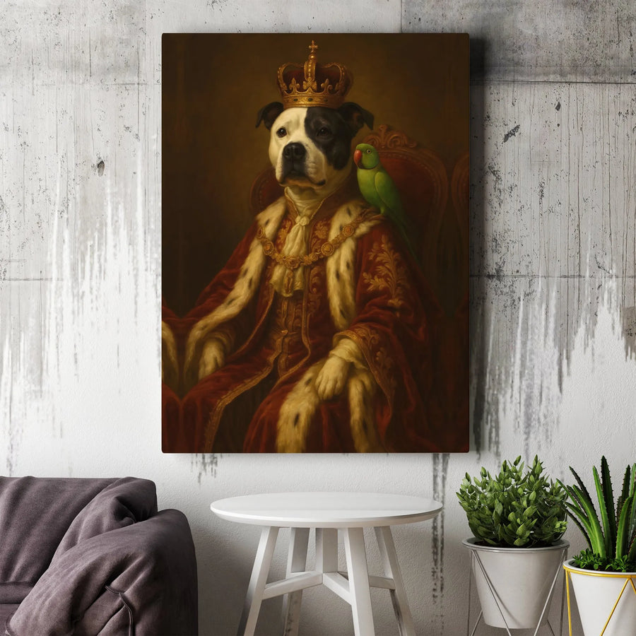 Royal Pitbull King Canvas Portrait | Renaissance Pet Wall Art with Parrot | 1.25-Inch Gallery Wrap | Funny Dog Lover Gift for Home Office