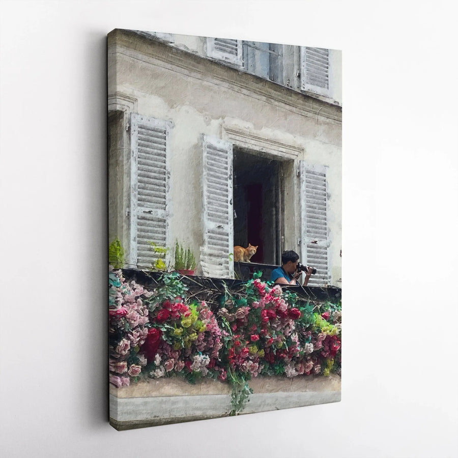 Parisian Balcony Canvas Print | Floral Window with Photographer and Cat | Gallery-Wrapped Premium Art | Aesthetic Home Decor Gift for Travel Lovers