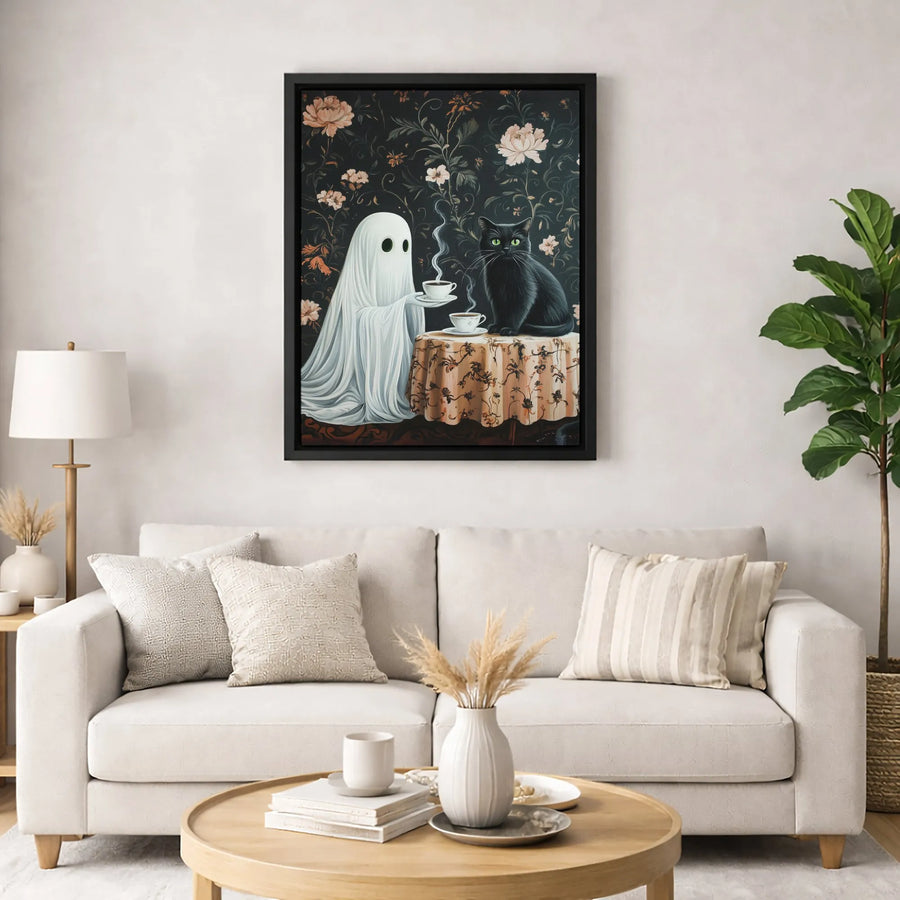 Ghost With Black Cat Canvas Print | Spooky Cottagecore Floral Art | Premium Fade-Resistant Gallery Wrap | Whimsical Home Decor Gift