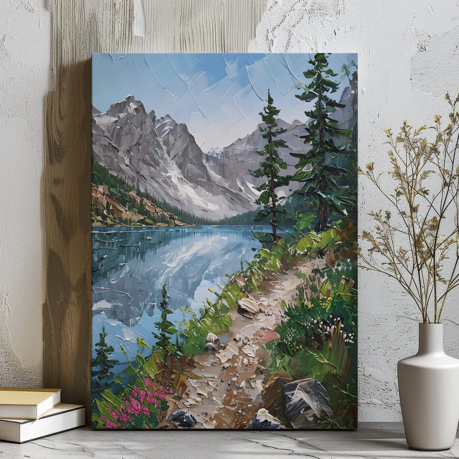 Mountain Lake Canvas Wall Art | Impasto Textured Forest Landscape | Premium Gallery Wrap Print | Nature Home Decor Gift