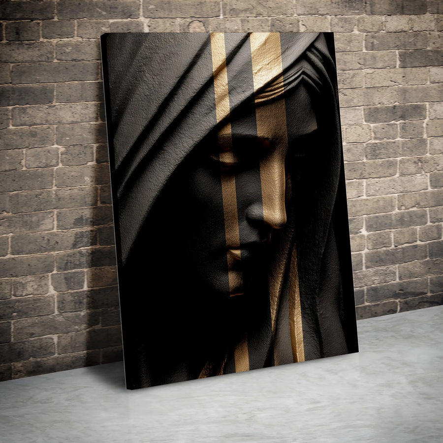 Abstract Woman Portrait Canvas | Black and Gold Stripe Design | Premium Thick Gallery Wrap | Modern Living Room Decor