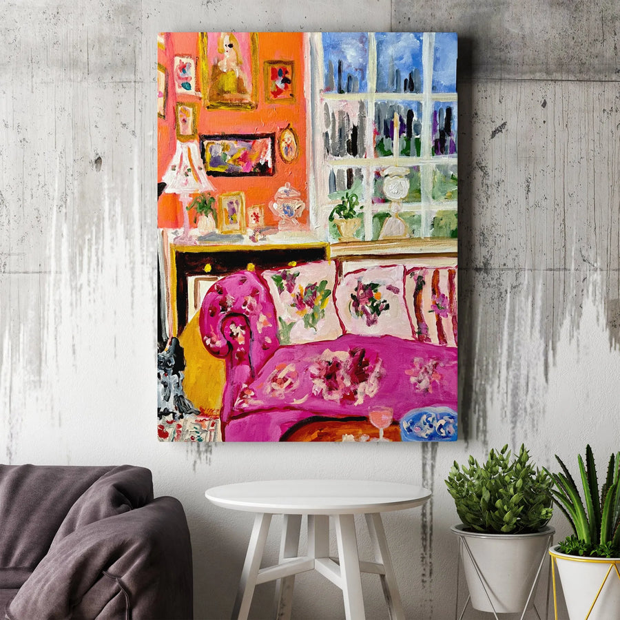 Colorful Living Room Canvas Art | Vibrant Impressionist Painting with Pink Sofa | Premium Thick Gallery Wrap | Eclectic Home & Office Decor Gift