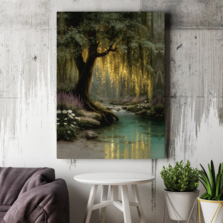 Enchanted Forest Canvas Print | Weeping Willow With Fairy Lights Wall Art | Premium Gallery Wrap Decor | Magical Nature Landscape Gift