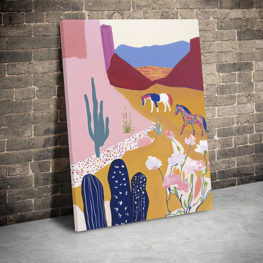 Abstract Desert Horse Wall Art | Colorful Southwestern Cactus Canvas Print | Premium Gallery Wrap Decor | Modern Western Home Office Gift Idea