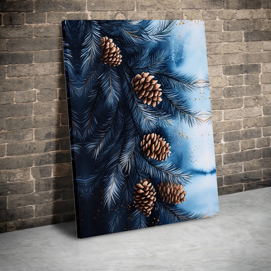 Blue Pine Branch Canvas Art | Watercolor Pinecone Winter Wall Decor | Premium 1.25" Gallery Wrap | Holiday Gift for Nature Lovers