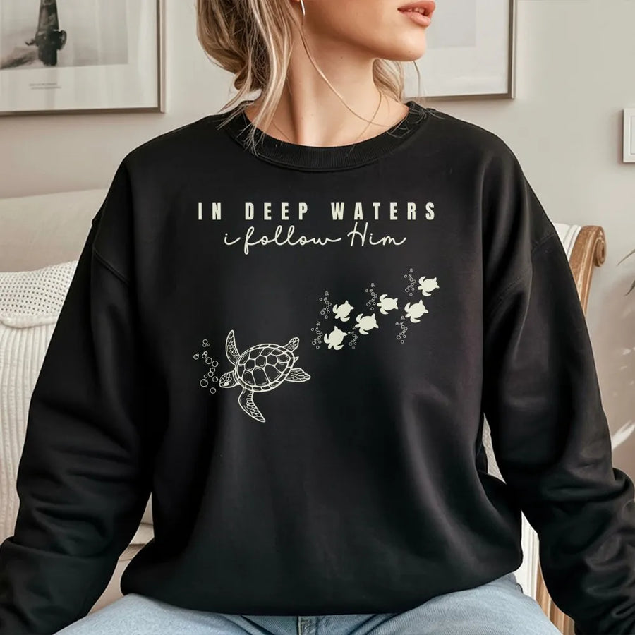 Coastal Christian Turtle Sweatshirt | 'In Deep Waters' Scripture Quote | Premium Cotton Blend | Faith Based Beach Gift for Women