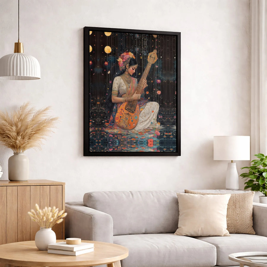 Saraswati Veena Canvas Wall Art | Goddess of Music Celestial Pond Print | Premium Gallery Wrapped Canvas | Spiritual Home Decor Gift for Music Lovers