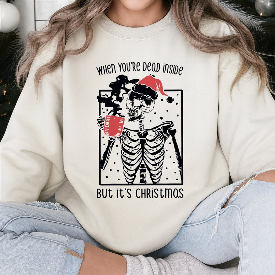 Dead Inside But It's Christmas Sweatshirt | Funny Skeleton Graphic Holiday Jumper | Premium Cotton Blend | Gift For Sarcastic Humor Lovers