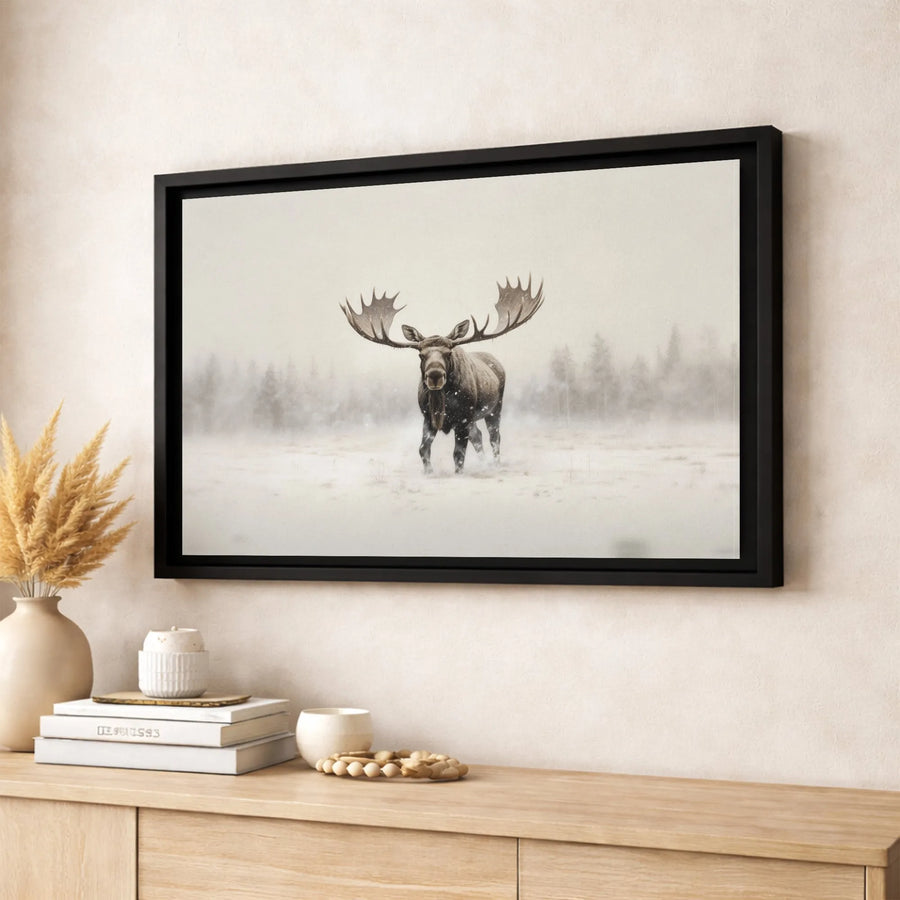 Bull Moose Canvas Wall Art | Snowy Winter Forest Landscape | Premium Fade-Resistant Print | Rustic Lodge & Cabin Home Decor