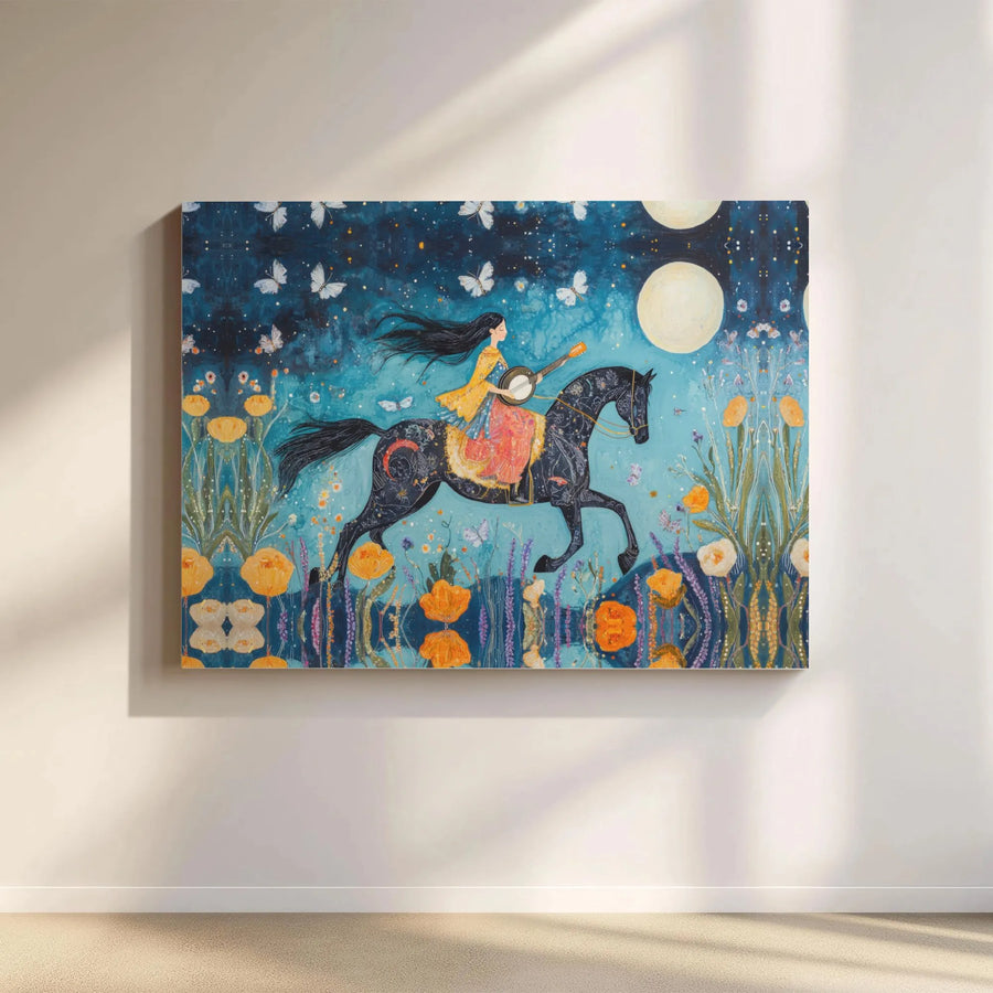 Whimsical Horse Canvas Wall Art | Girl Playing Banjo Night Illustration | Premium Gallery Wrapped Decor | Fantasy Music Gift For Her