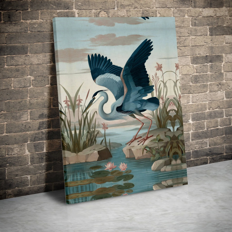 Great Blue Heron Canvas Wall Art | Vintage Audubon Style Bird Print | Premium Gallery Wrapped Canvas | Nature Lover Home Decor Gift
