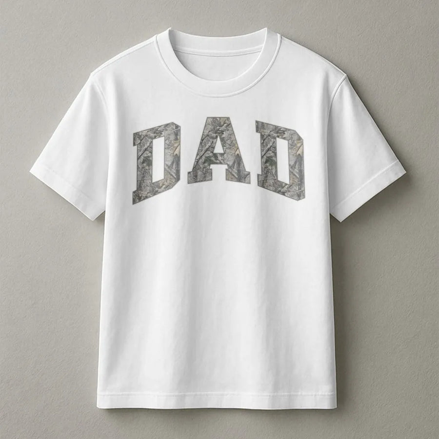 Camo Dad T-Shirt | Woodland Camo Block Letter Print | Soft Cotton Tee | Father's Day Gift for New Dad, Matching Parent Shirts