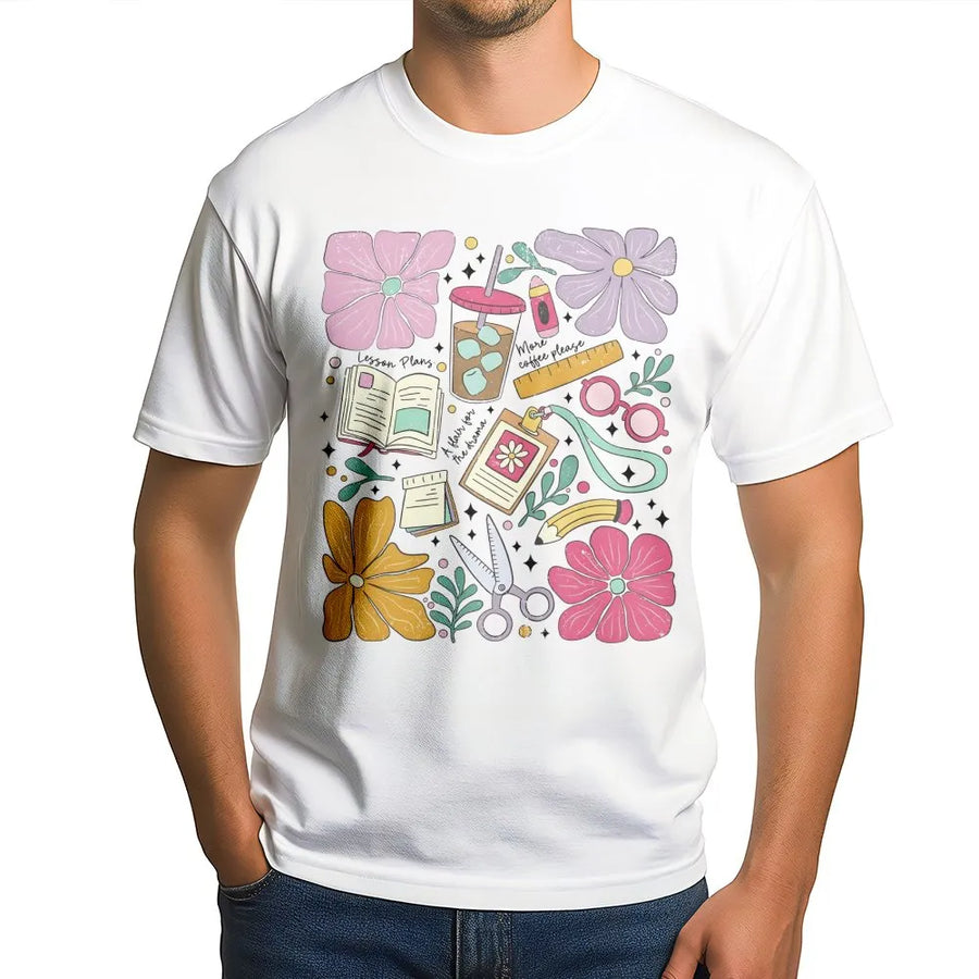 Teacher T-Shirt | Retro Floral School Supplies Graphic | Soft Cotton Premium Tee | Cute Back to School Gift for Teachers