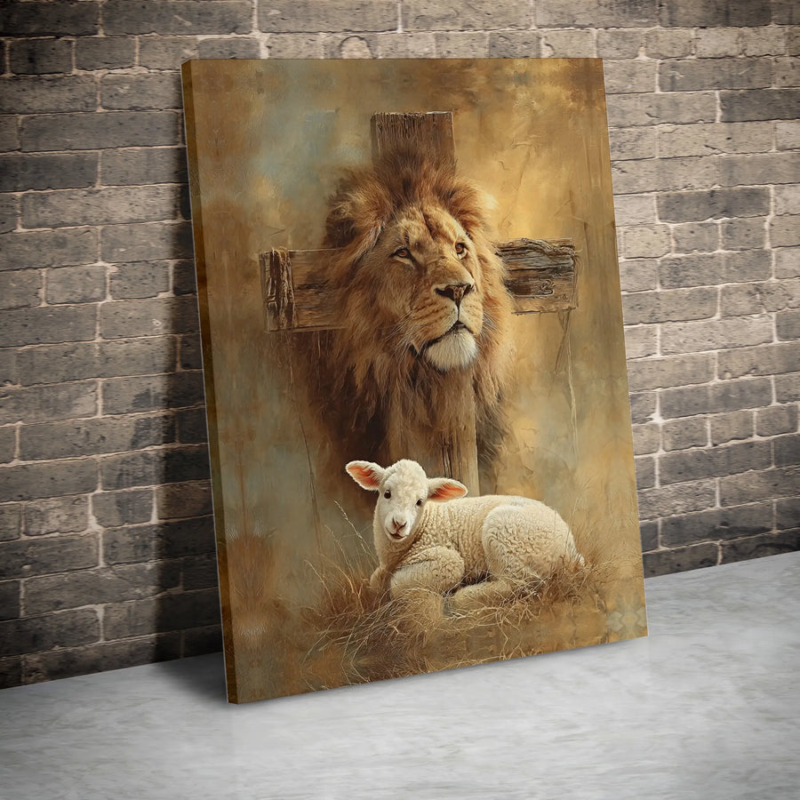 Lion and Lamb Christian Wall Art | Lion of Judah and Lamb of God Painting | Premium Gallery Wrapped Canvas | Religious Faith Home Decor Gift