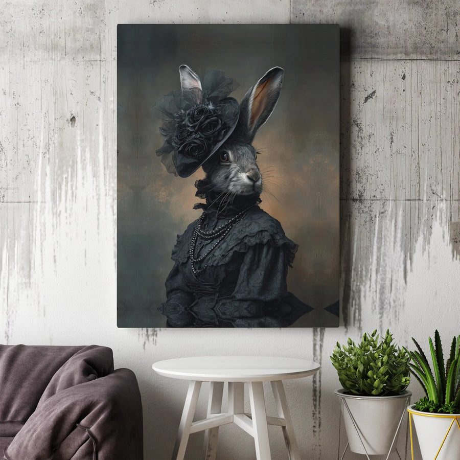 Victorian Rabbit Wall Art | Gothic Animal Portrait with Black Roses | Premium Gallery Wrapped Canvas | Moody Dark Academia Home Decor Gift