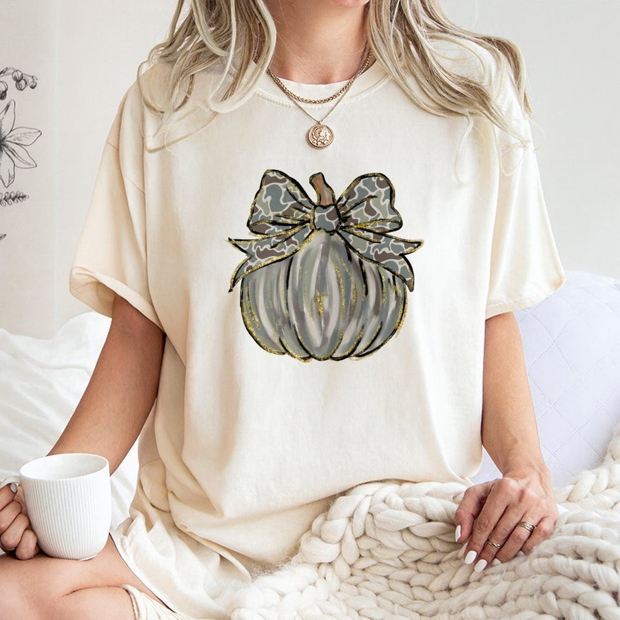 Camo Pumpkin T-Shirt | Fall Vibes Western Coquette Bow Graphic | Premium 100% Cotton Tee | Gift for Women Autumn Apparel