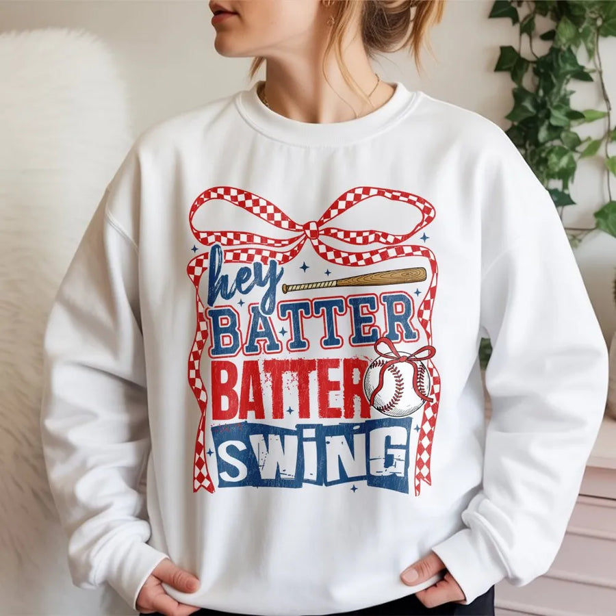 Hey Batter Batter Swing Sweatshirt | Retro Baseball Coquette Bow Graphic | Premium Cotton Blend Crewneck | Game Day Gift for Baseball Mom & Softball Fan