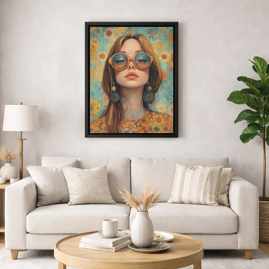 Boho Floral Woman Canvas Wall Art | Retro Hippie Aesthetic Portrait | Premium Fade-Resistant Gallery Print | Gift for Home Office Decor