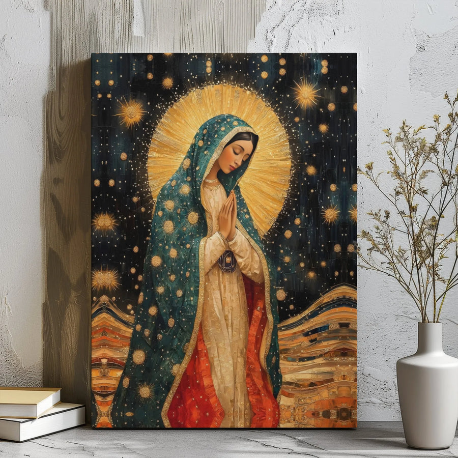 Our Lady Of Guadalupe Canvas Art | Klimt Inspired Virgin Mary Gold Halo Print | Premium 1.25 Inch Gallery Wrap | Religious Home Wall Decor Gift